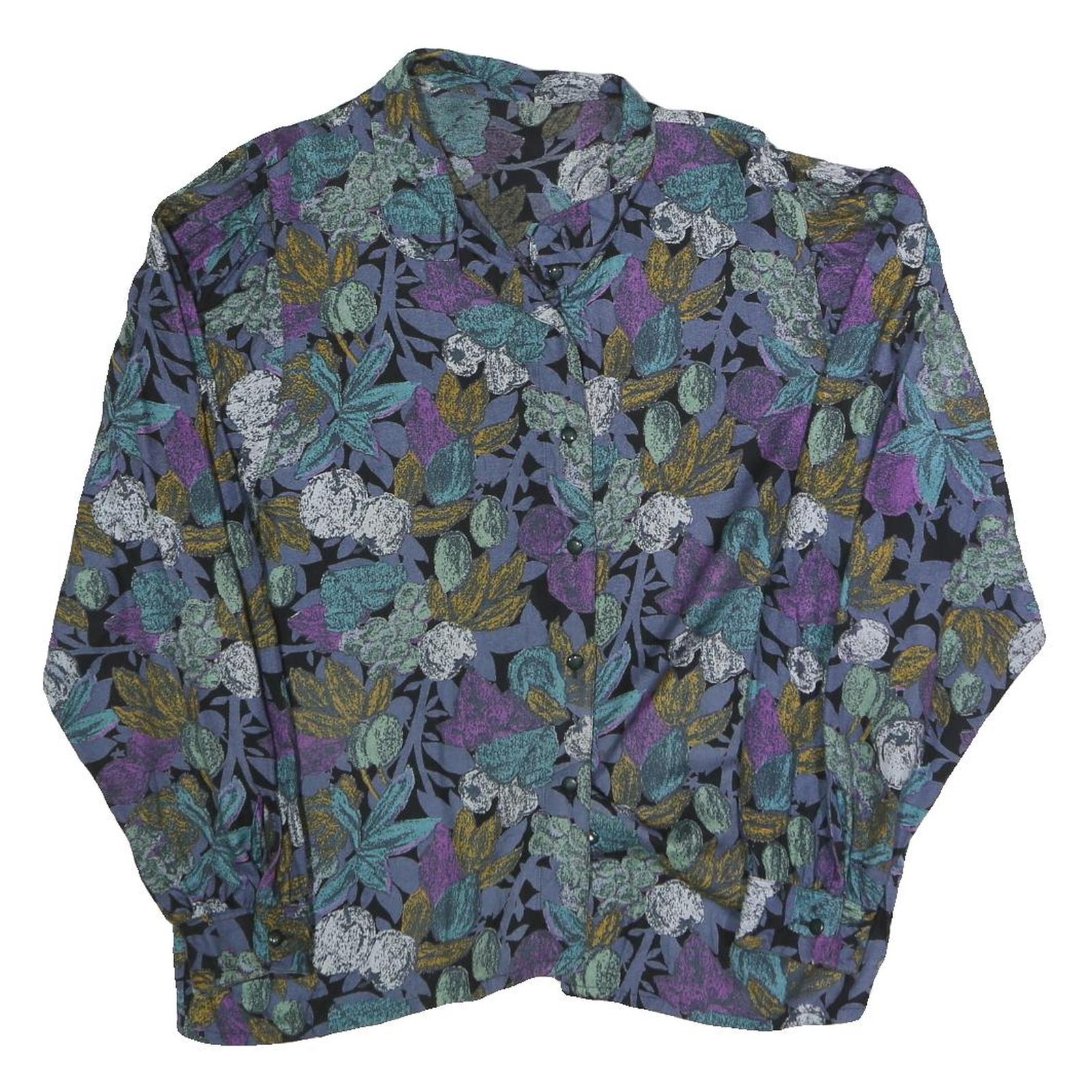 Womens Black & Purple Floral Printed Shirt Long Sleeve Button Neck L Cotton