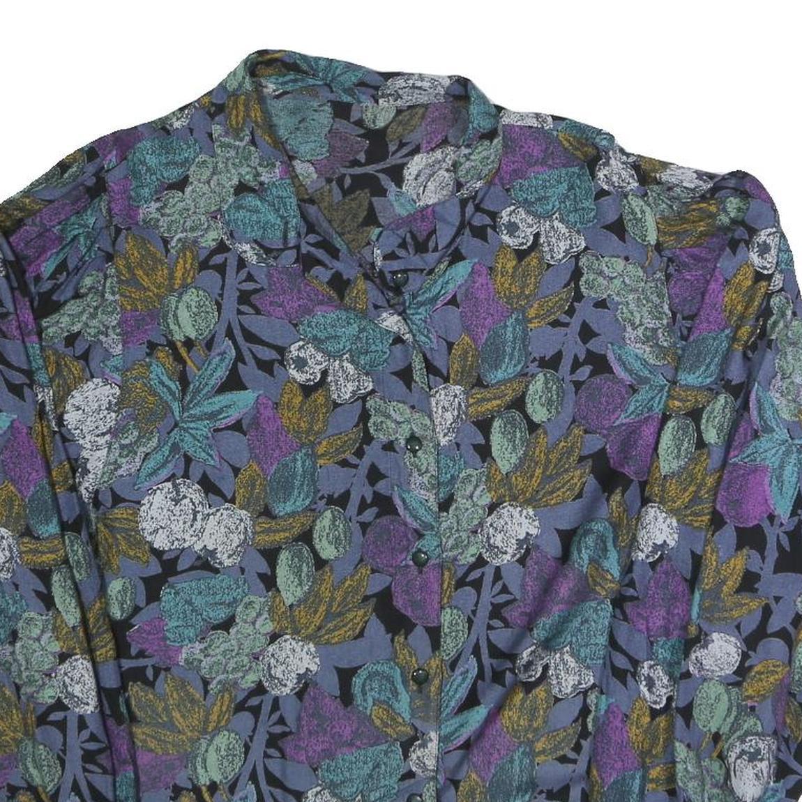 Womens Black & Purple Floral Printed Shirt Long Sleeve Button Neck L Cotton
