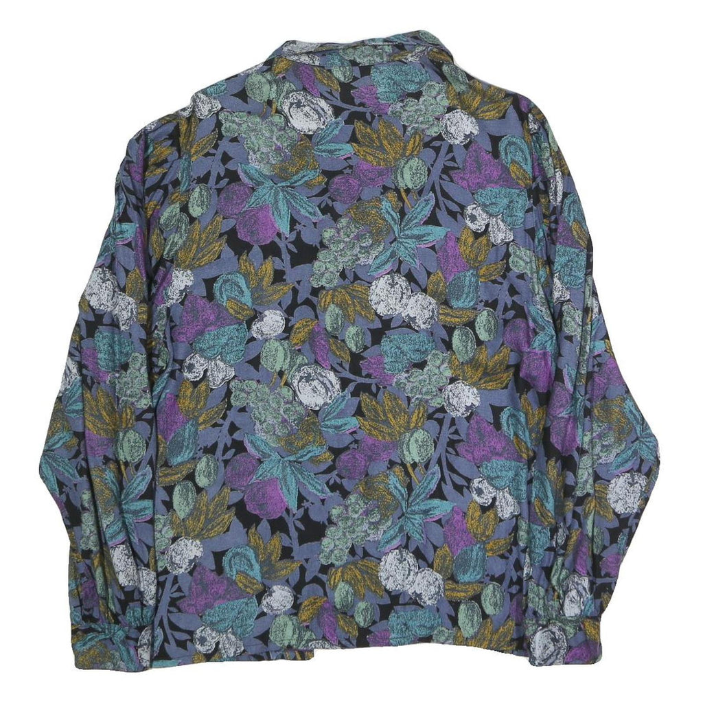 Womens Black & Purple Floral Printed Shirt Long Sleeve Button Neck L Cotton