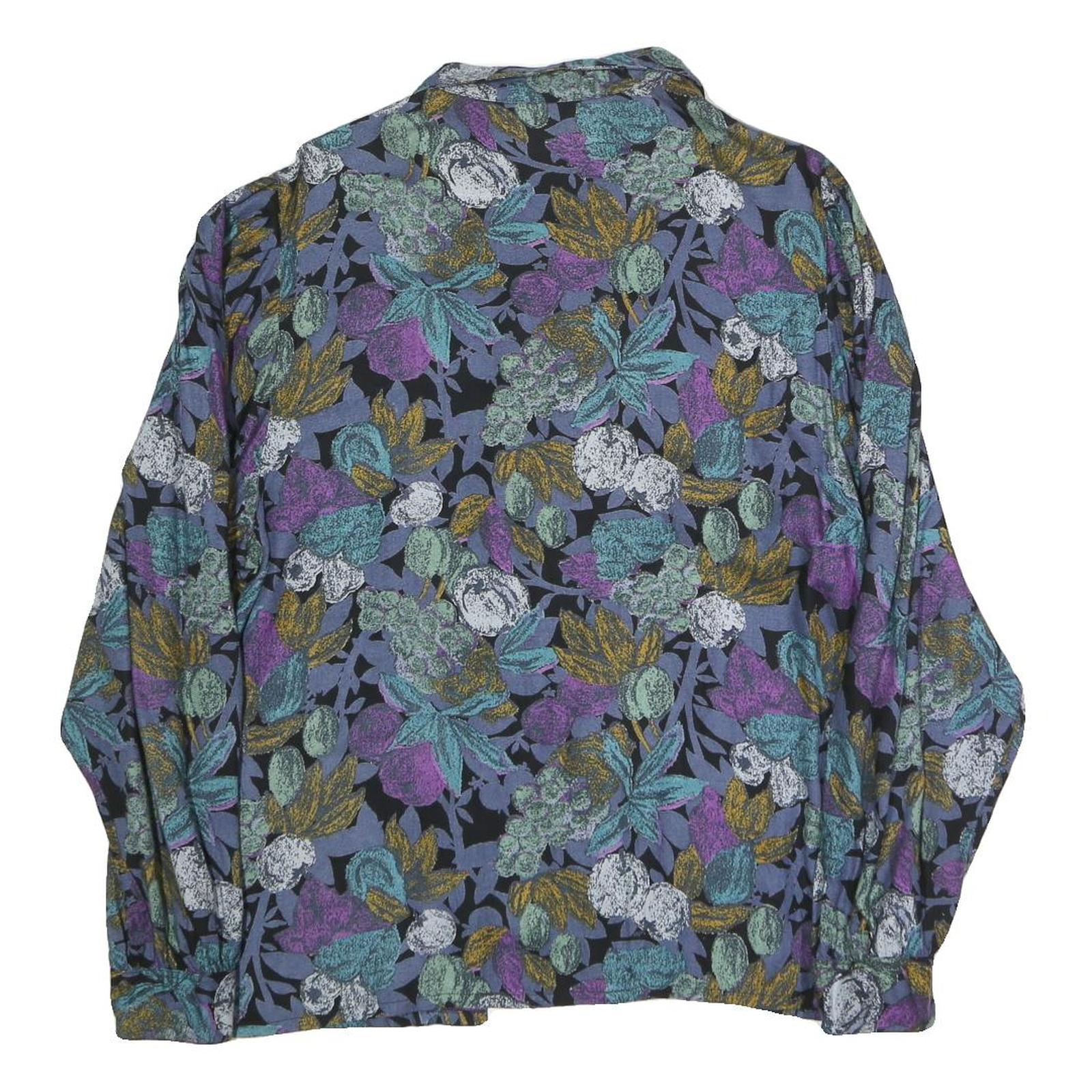 Womens Black & Purple Floral Printed Shirt Long Sleeve Button Neck L Cotton