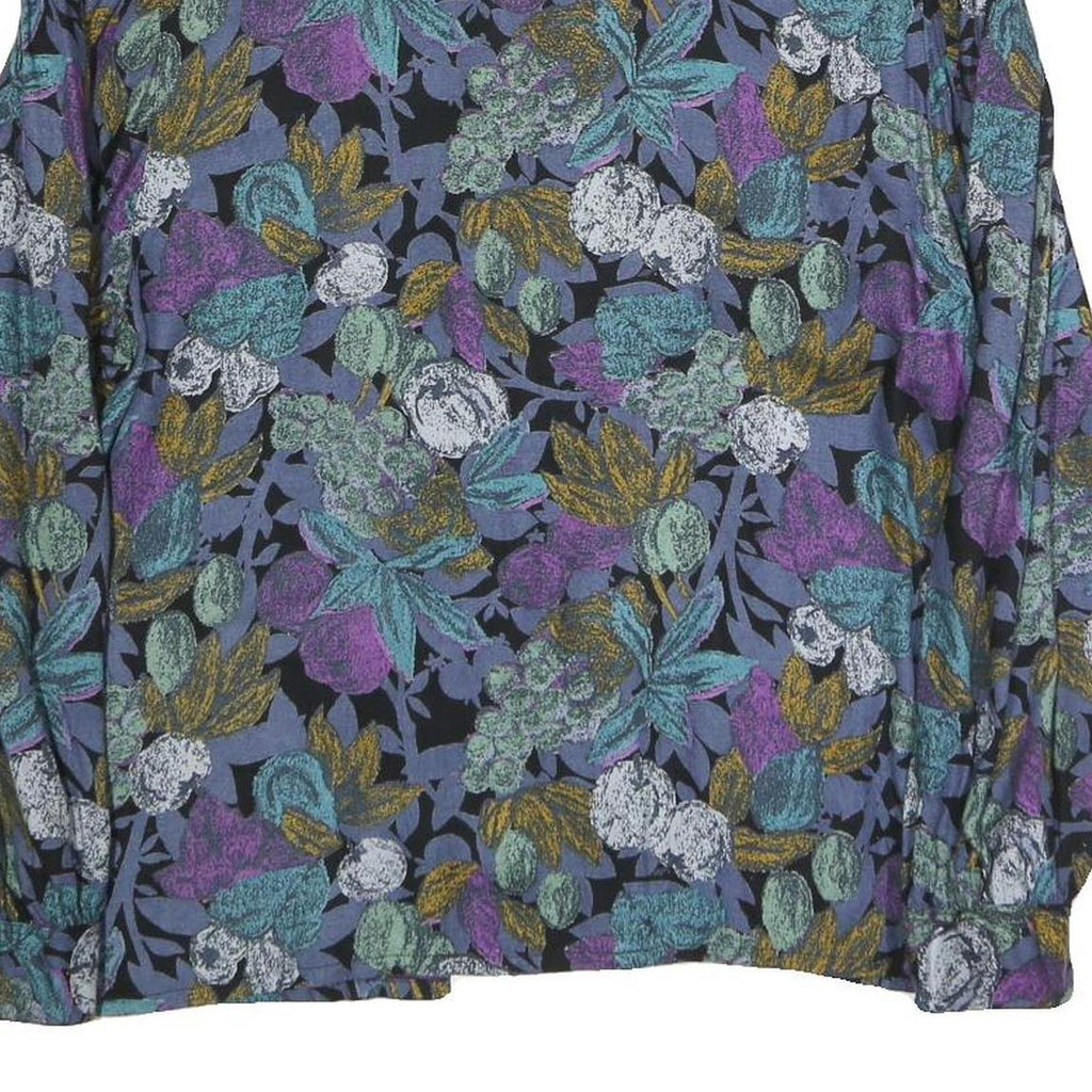 Womens Black & Purple Floral Printed Shirt Long Sleeve Button Neck L Cotton