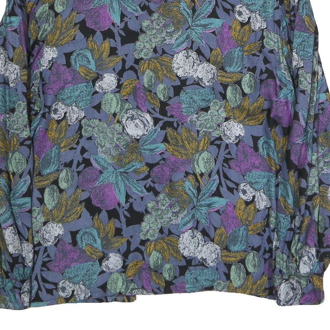 Womens Black & Purple Floral Printed Shirt Long Sleeve Button Neck L Cotton