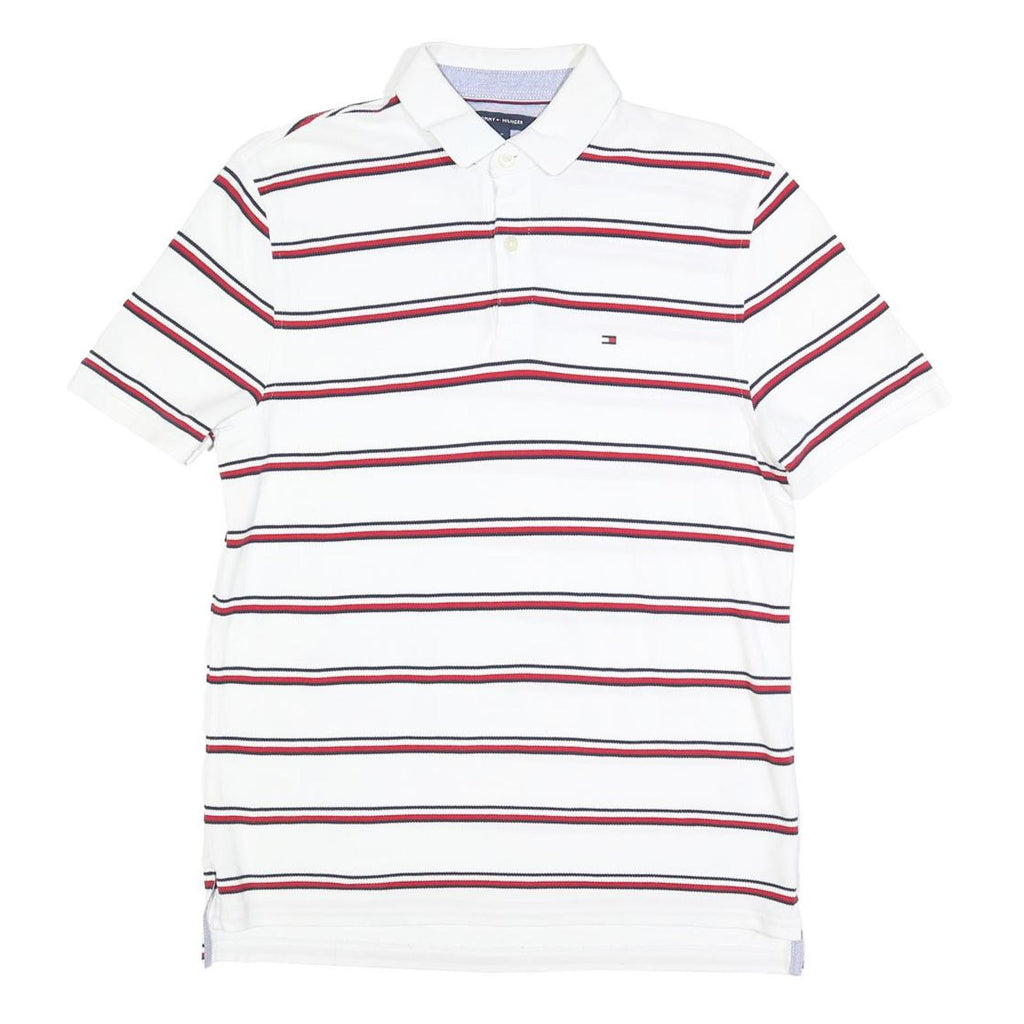 TOMMY HILFIGER Mens White Red & Navy Striped Short Sleeve Polo Shirt S Cotton