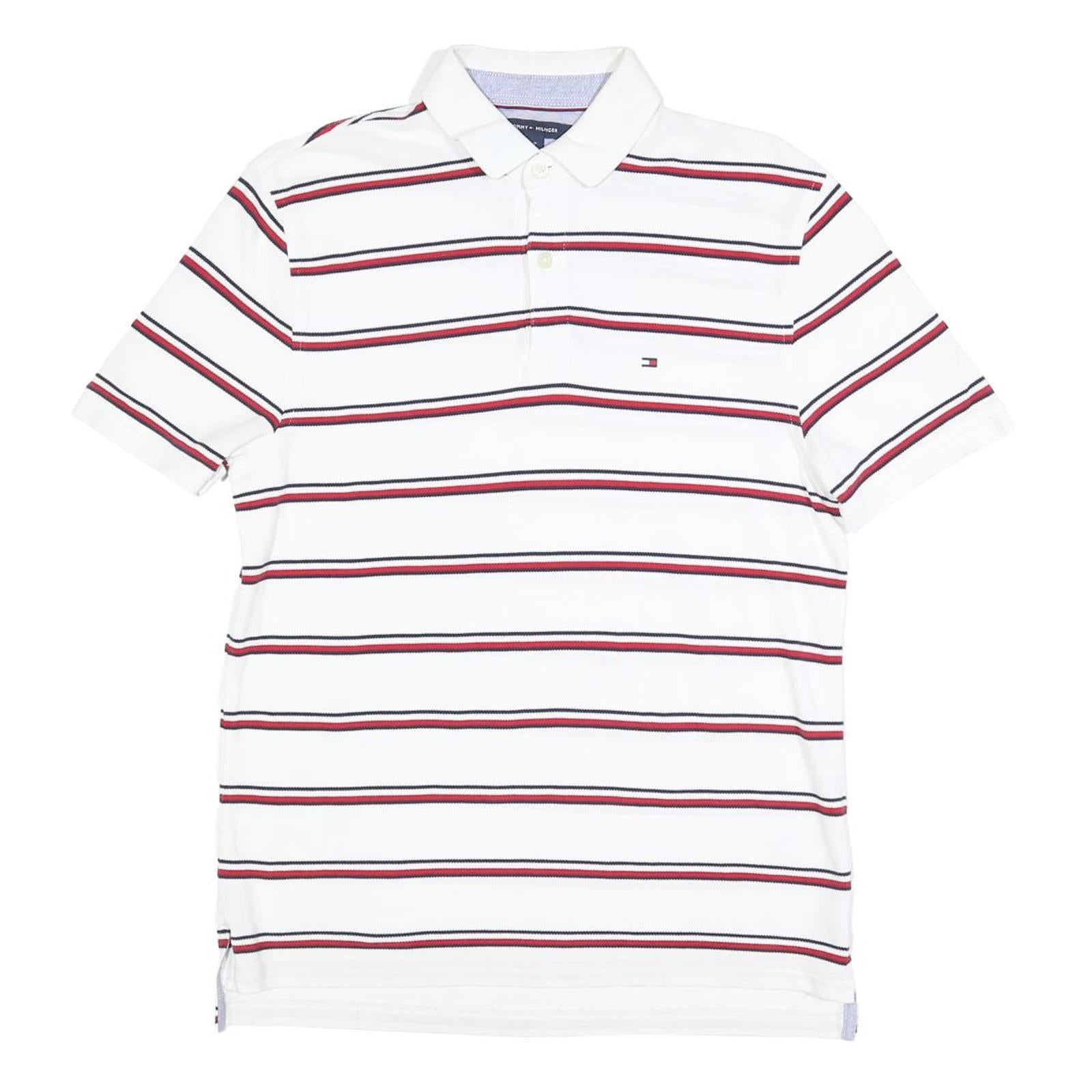 TOMMY HILFIGER Mens White Red & Navy Striped Short Sleeve Polo Shirt S Cotton