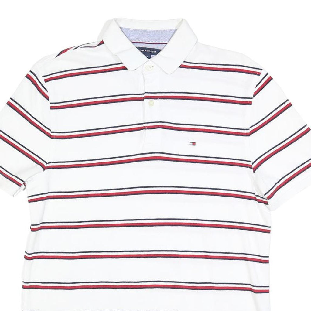 TOMMY HILFIGER Mens White Red & Navy Striped Short Sleeve Polo Shirt S Cotton