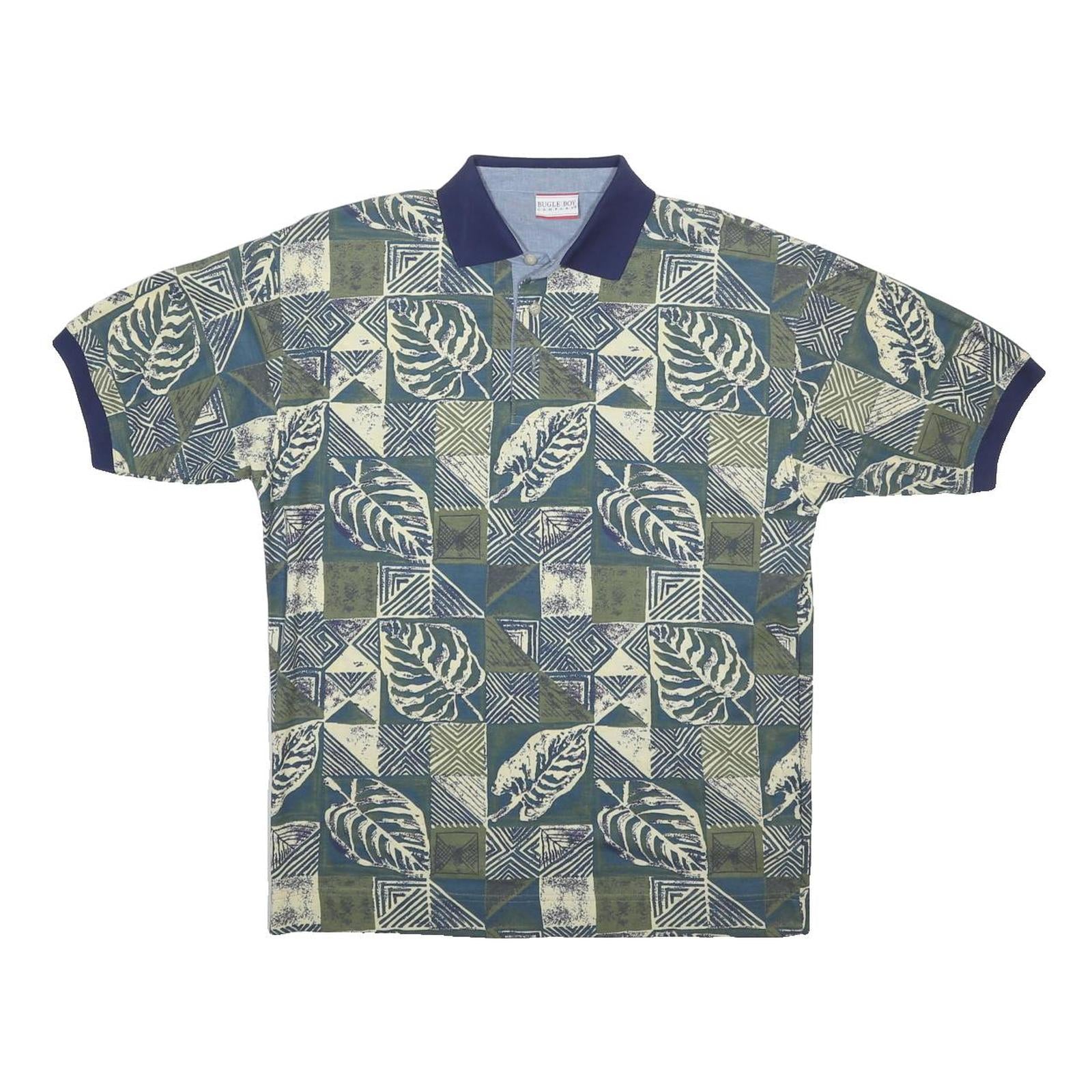 BUGLE BOY Mens Green & Blue Leaf Pattern Short Sleeve Polo Shirt M Cotton Blend