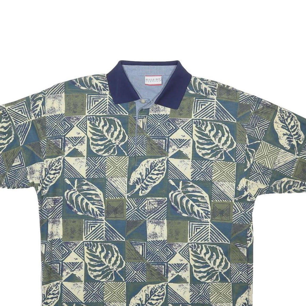 BUGLE BOY Mens Green & Blue Leaf Pattern Short Sleeve Polo Shirt M Cotton Blend