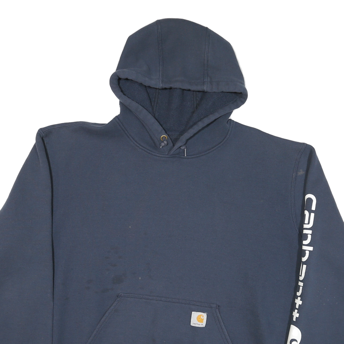 CARHARTT Mens Navy Hoodie XL Cotton Blend Pullover Hooded Sweatshirt Logo Sleeve