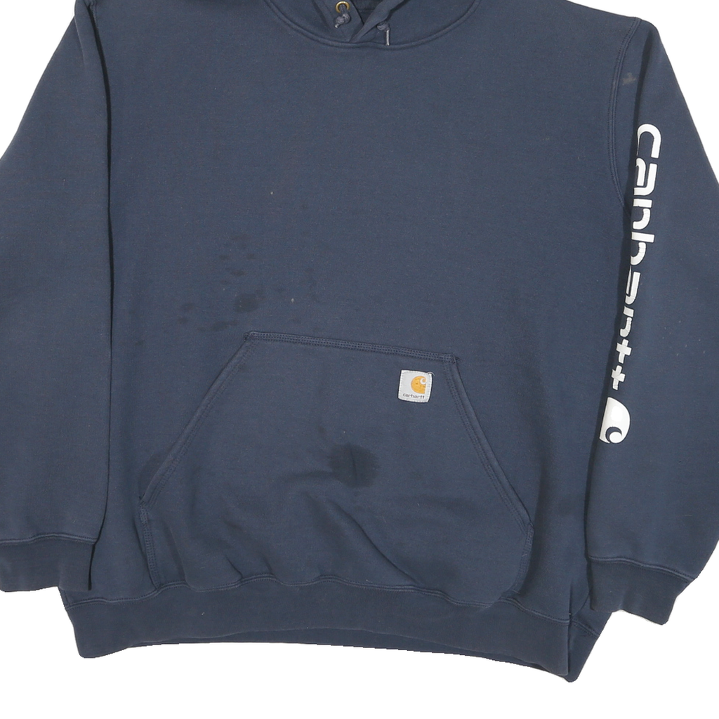 CARHARTT Mens Navy Hoodie XL Cotton Blend Pullover Hooded Sweatshirt Logo Sleeve