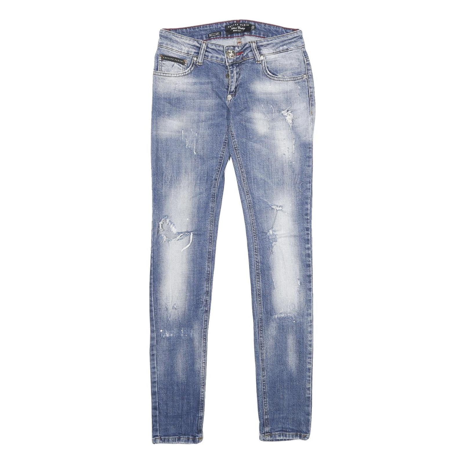 PHILIPP PLEIN Womens Blue Regular Skinny Denim Medium Wash W28 L34 Distressed