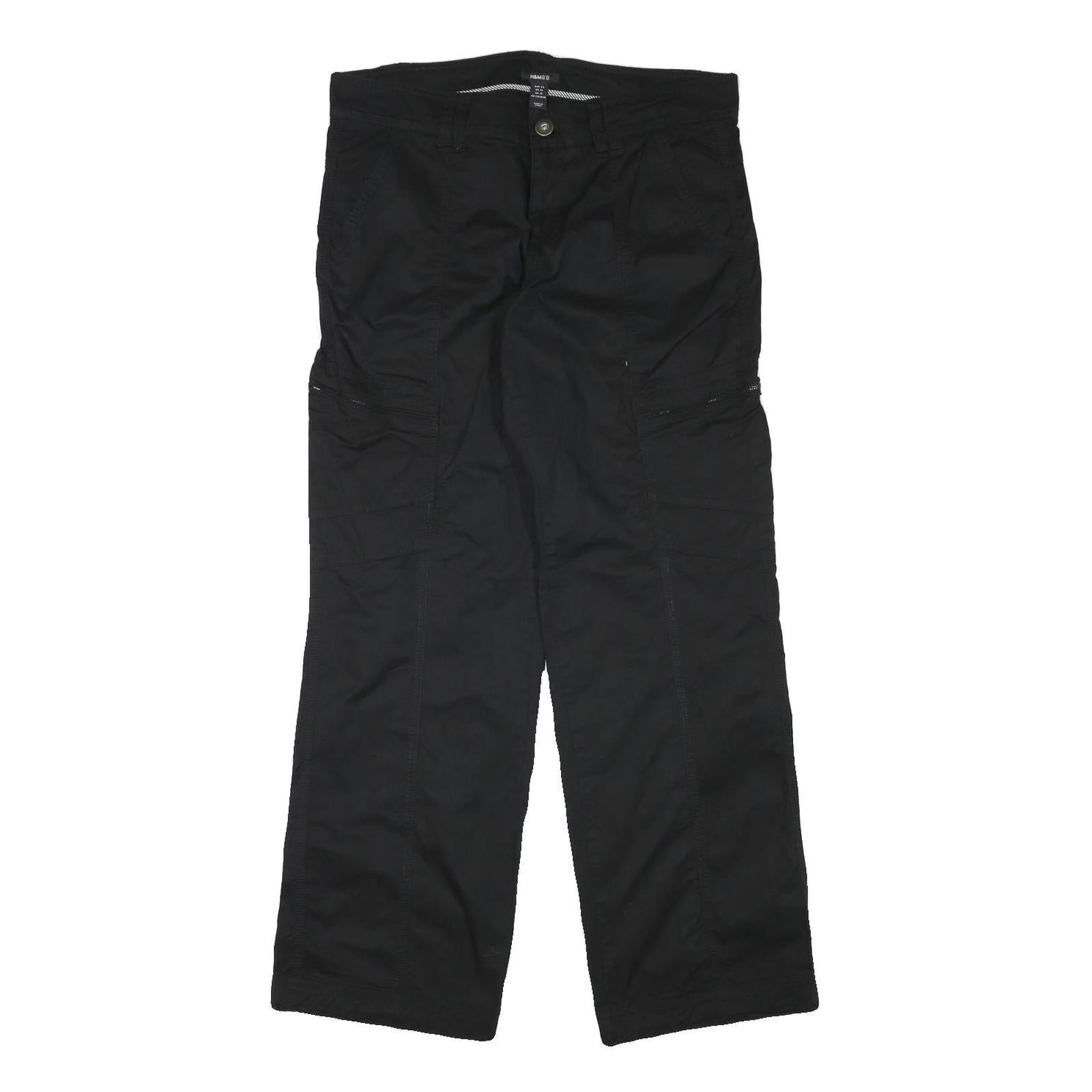 H&M Mens Black Regular Straight Fit Trousers W35 L31 Cotton Blend Zip Closure