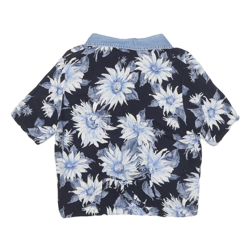 LATTE Womens Blue & White Floral Shirt Short Sleeve Collared XS Rayon Top