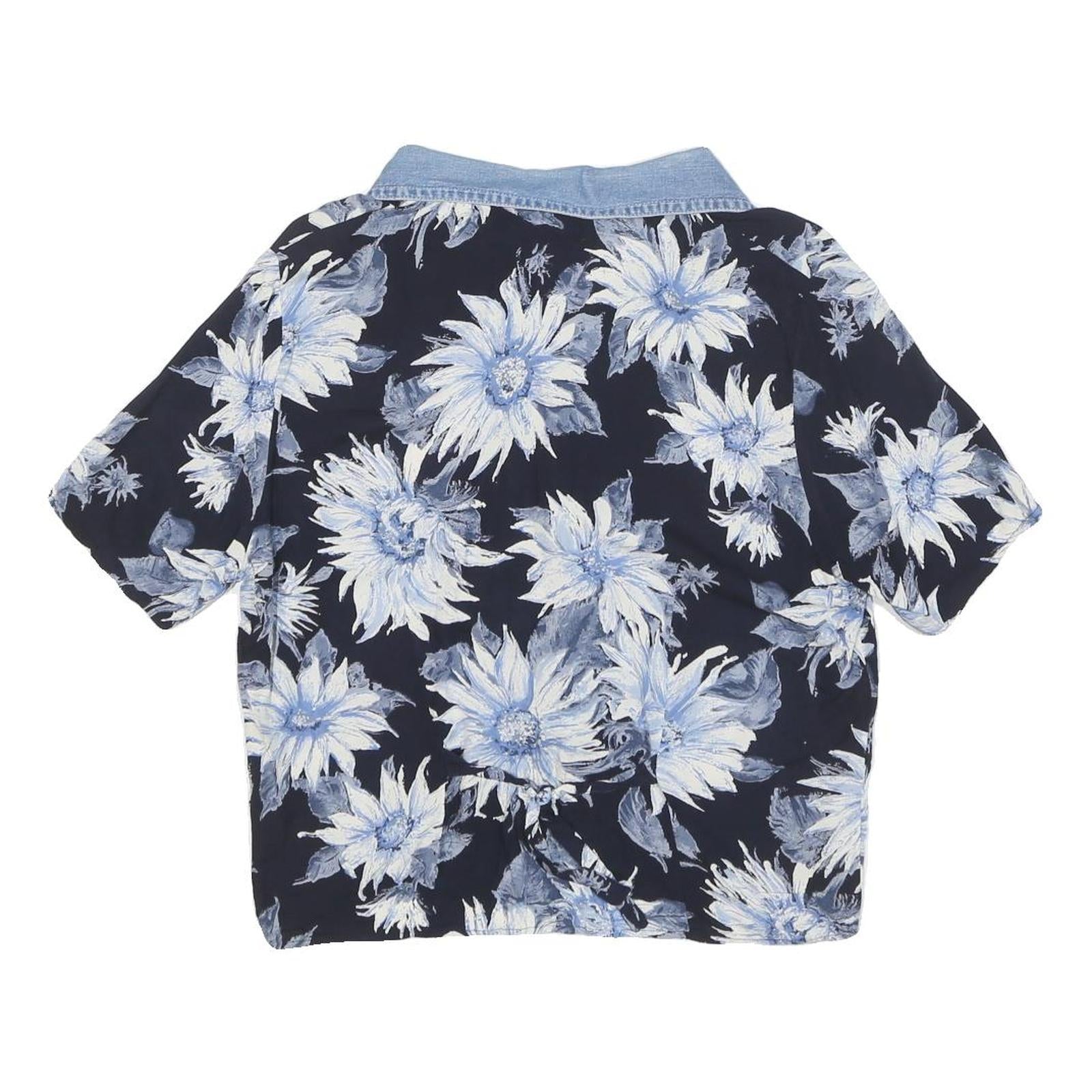 LATTE Womens Blue & White Floral Shirt Short Sleeve Collared XS Rayon Top