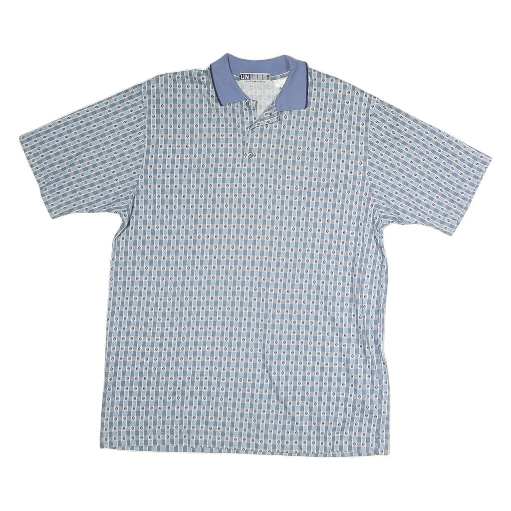 UNTIED Mens Blue Printed Short Sleeve Polo Shirt L Cotton Casual Summer