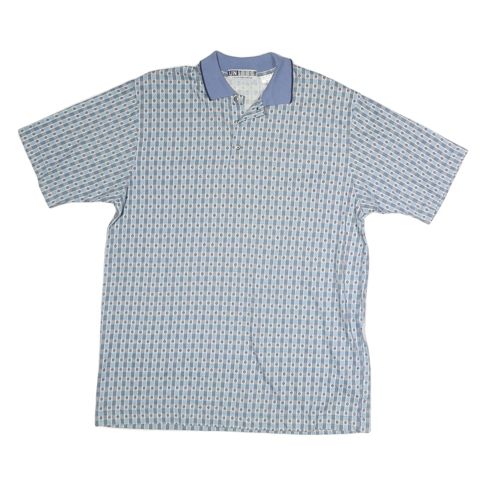 UNTIED Mens Blue Printed Short Sleeve Polo Shirt L Cotton Casual Summer