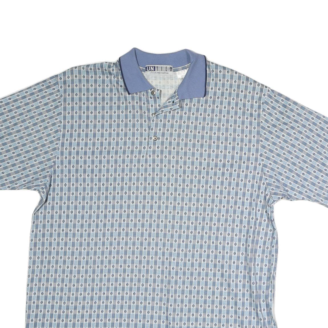 UNTIED Mens Blue Printed Short Sleeve Polo Shirt L Cotton Casual Summer
