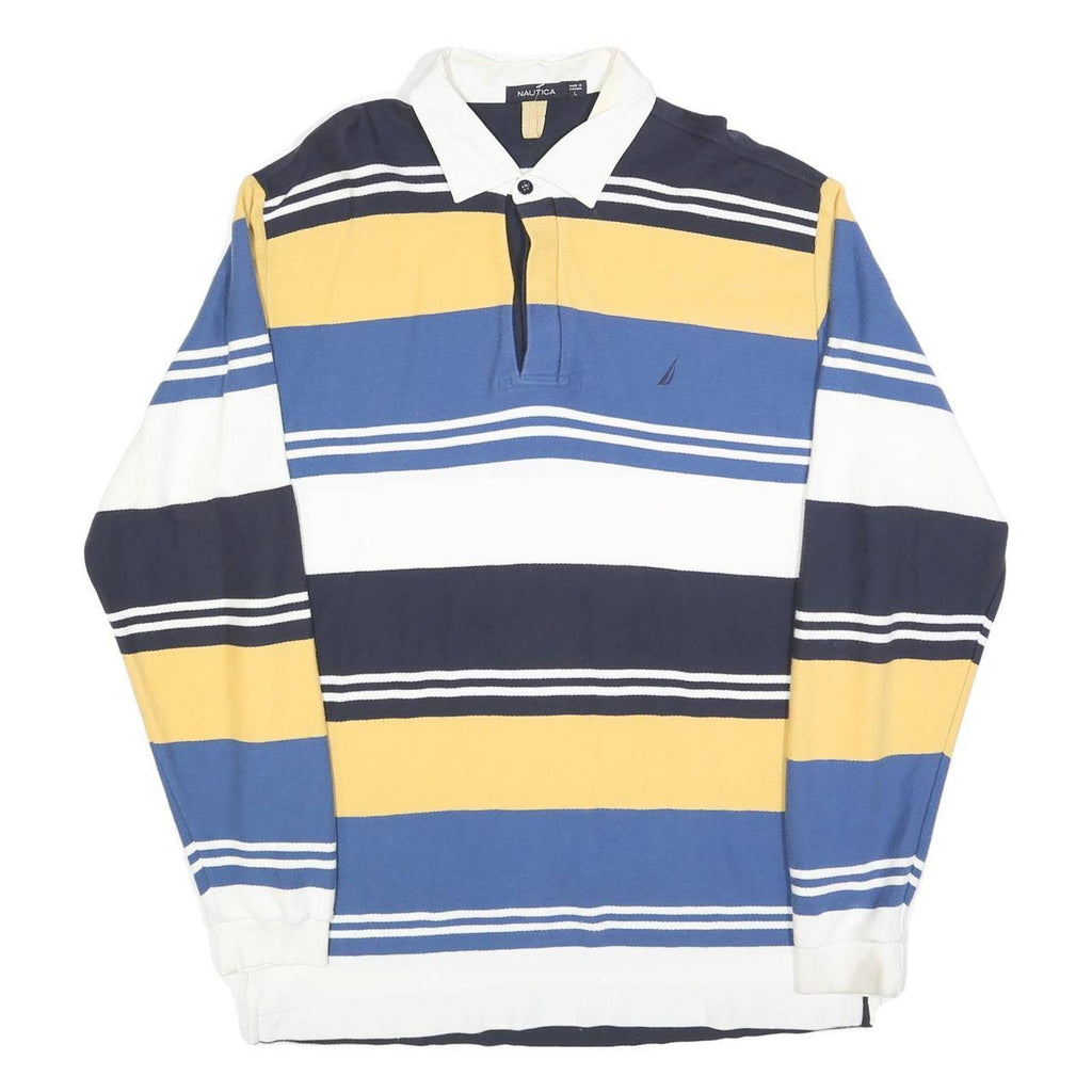 NAUTICA Mens Blue & Yellow Long Sleeve Striped Polo Shirt L Cotton Blend Casual