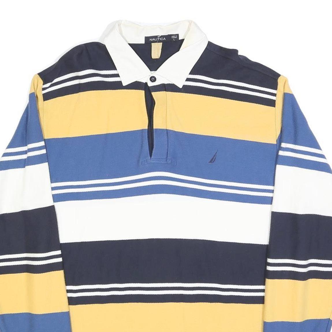 NAUTICA Mens Blue & Yellow Long Sleeve Striped Polo Shirt L Cotton Blend Casual