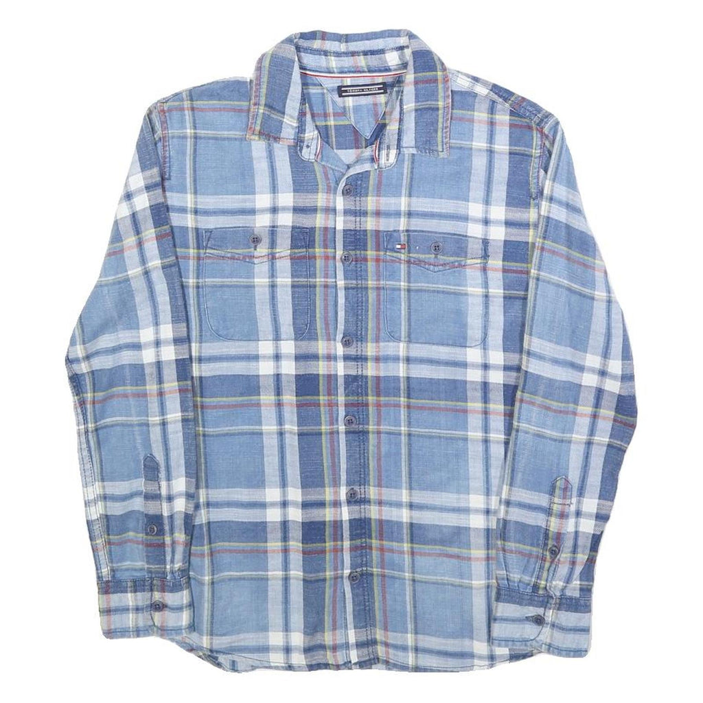 TOMMY HILFIGER Boys Blue & White Checked Shirt L Cotton Blend Button Long Sleeve