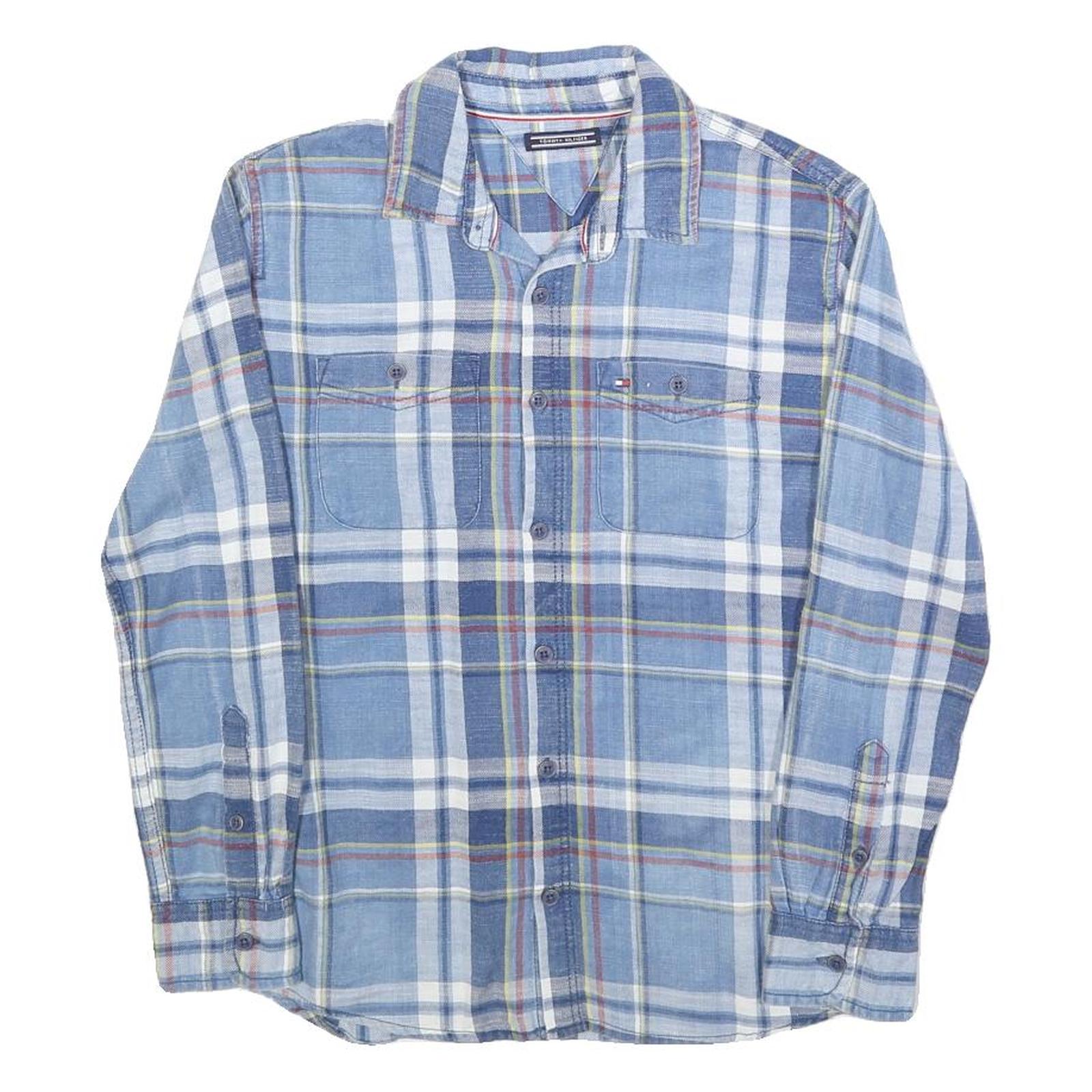 TOMMY HILFIGER Boys Blue & White Checked Shirt L Cotton Blend Button Long Sleeve