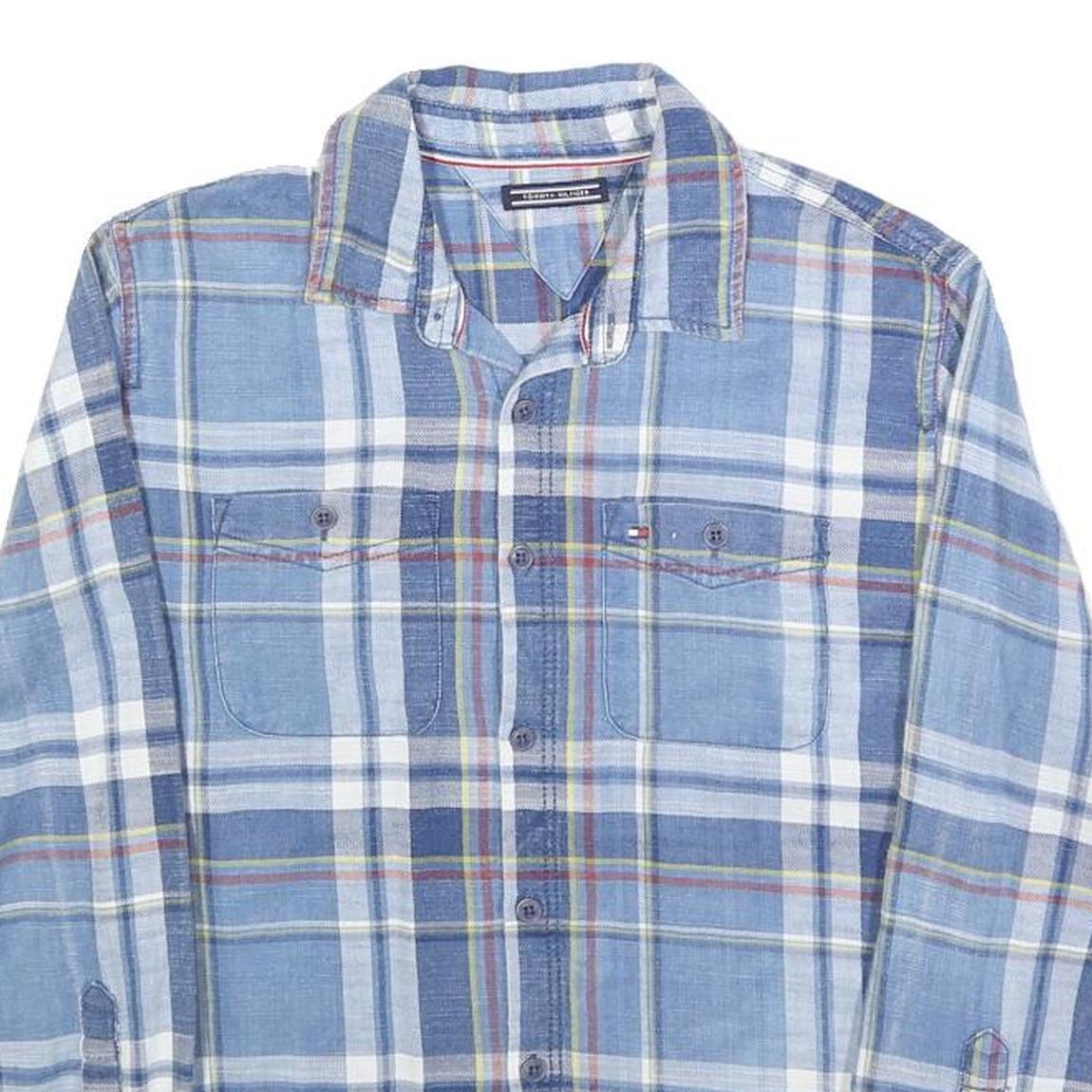TOMMY HILFIGER Boys Blue & White Checked Shirt L Cotton Blend Button Long Sleeve