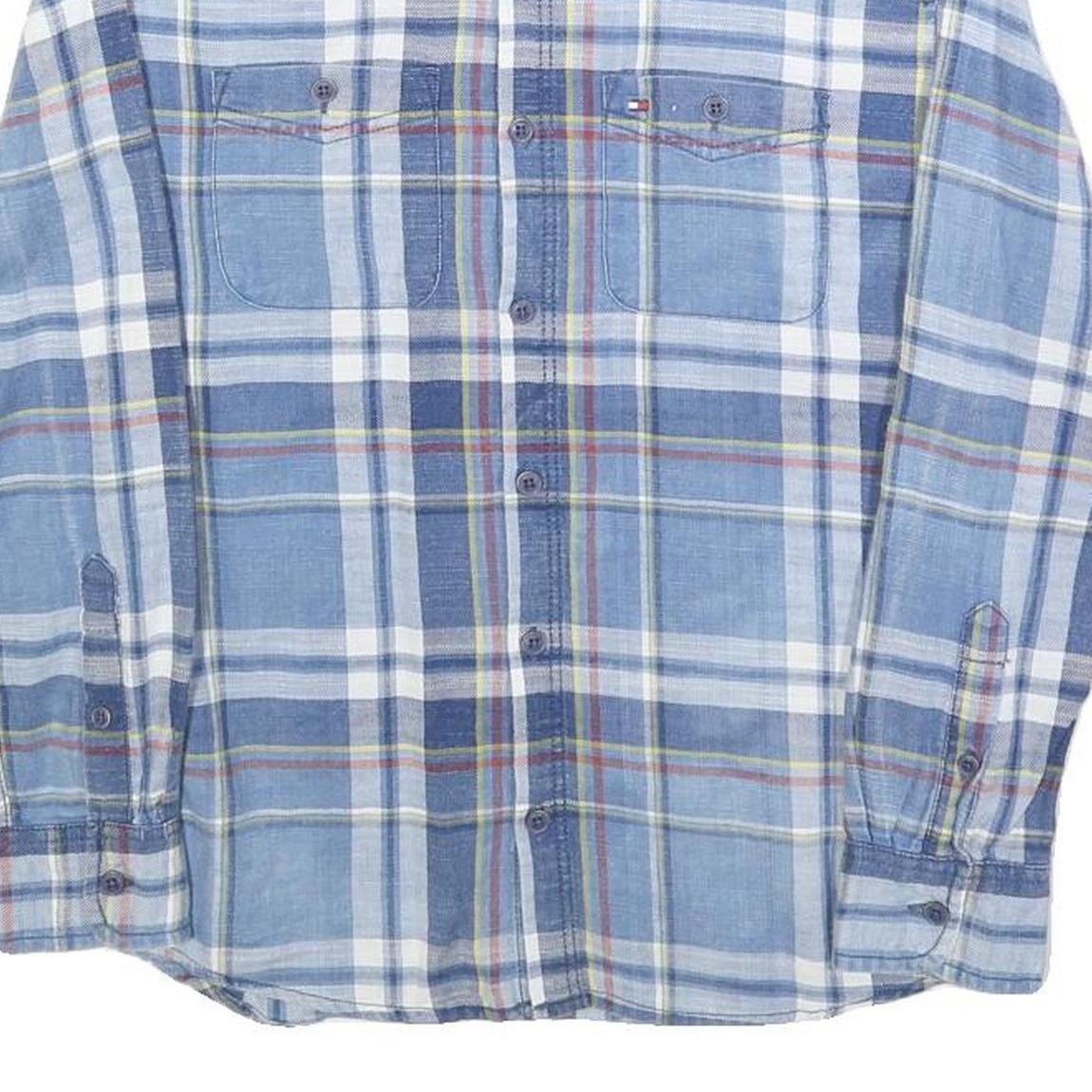 TOMMY HILFIGER Boys Blue & White Checked Shirt L Cotton Blend Button Long Sleeve