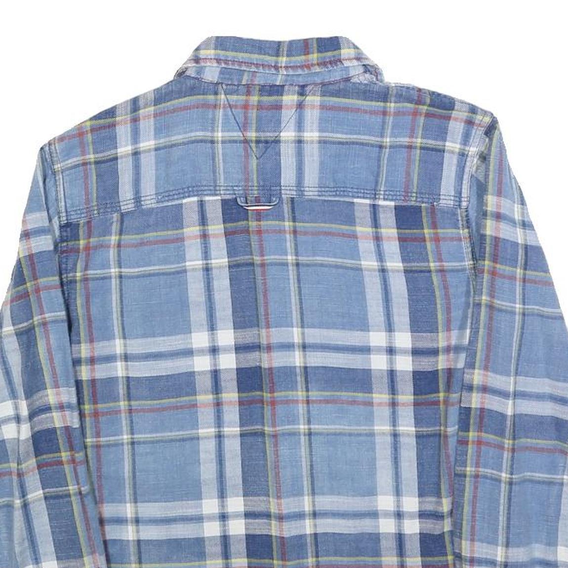 TOMMY HILFIGER Boys Blue & White Checked Shirt L Cotton Blend Button Long Sleeve