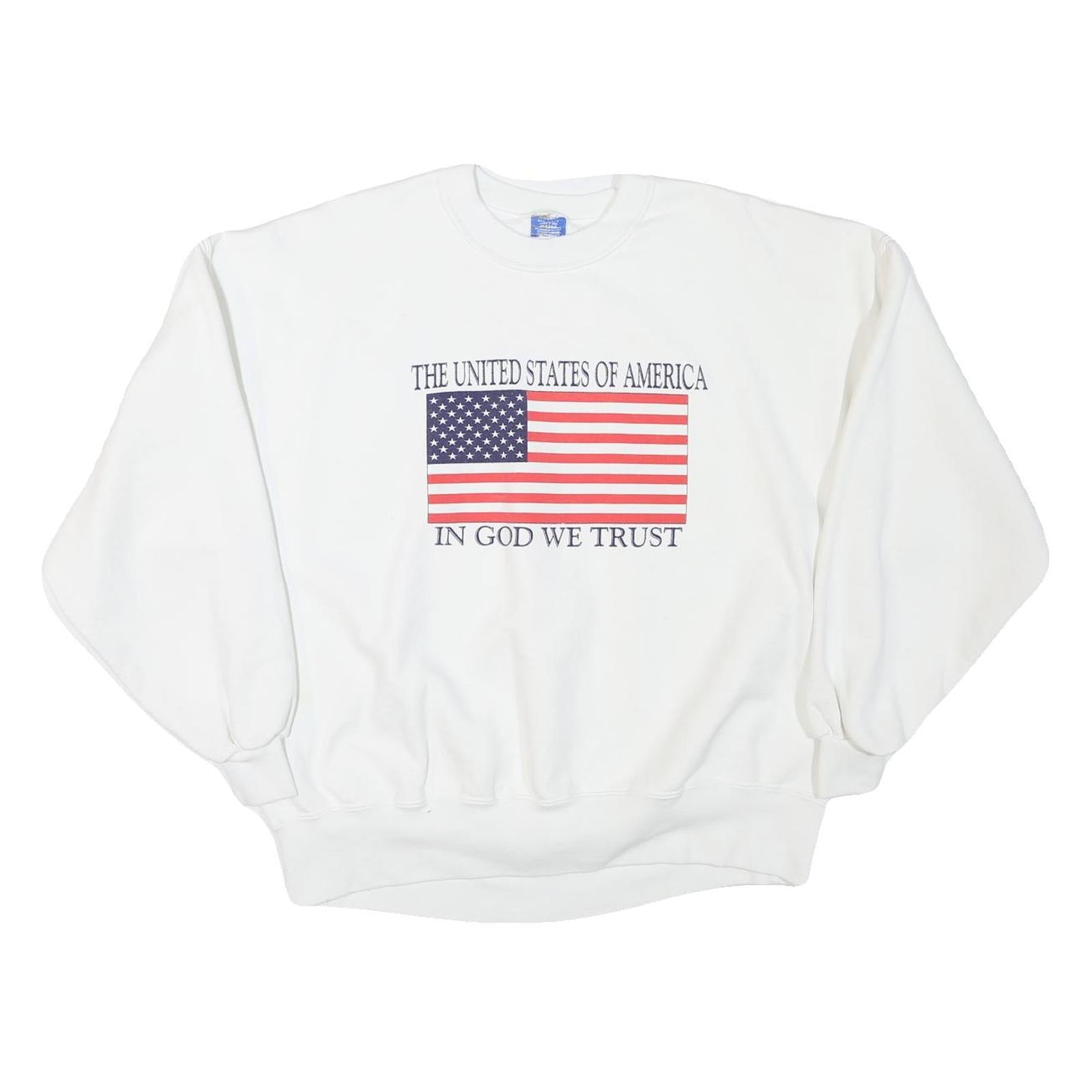 Mens White Sweatshirt XL Crew Neck Cotton Blend USA Flag Patriotic Text