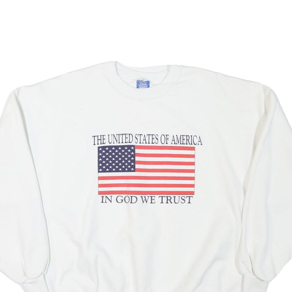 Mens White Sweatshirt XL Crew Neck Cotton Blend USA Flag Patriotic Text