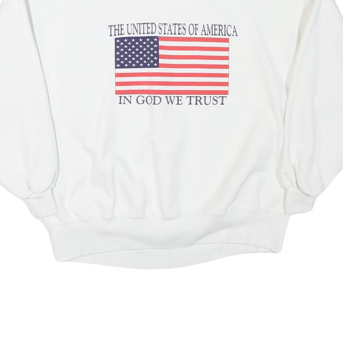 Mens White Sweatshirt XL Crew Neck Cotton Blend USA Flag Patriotic Text