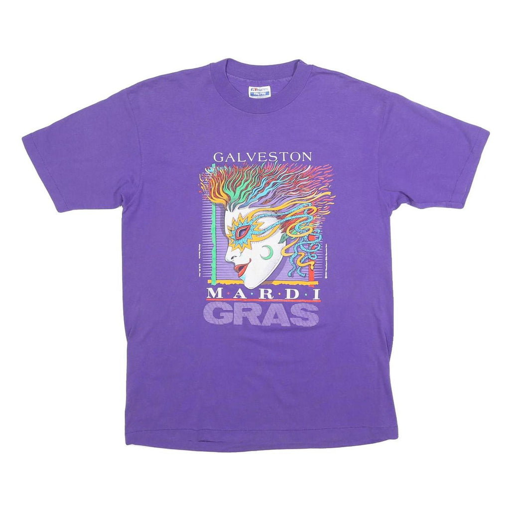 HANES Womens Purple Mardi Gras Graphic T-Shirt L Short Sleeve Crew Neck Printed