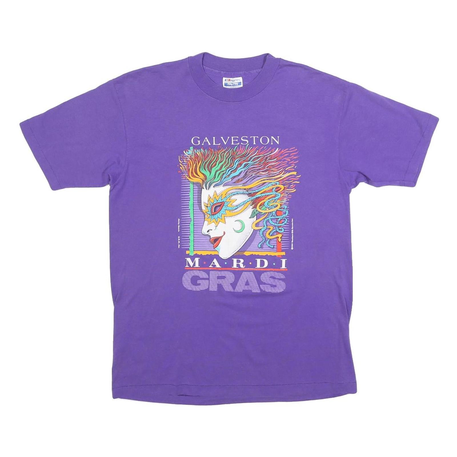 HANES Womens Purple Mardi Gras Graphic T-Shirt L Short Sleeve Crew Neck Printed