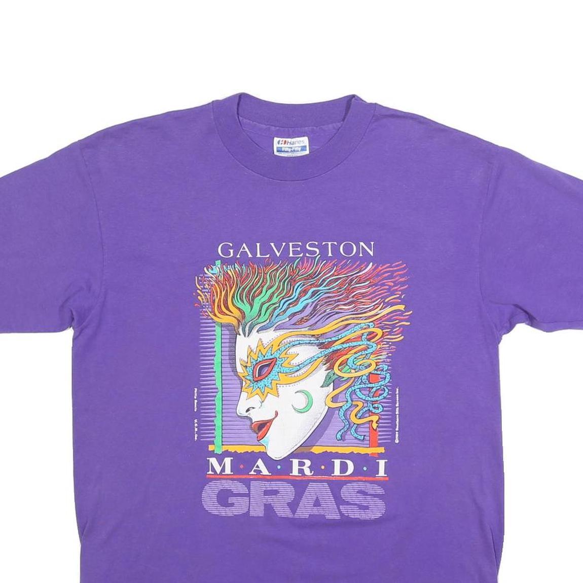 HANES Womens Purple Mardi Gras Graphic T-Shirt L Short Sleeve Crew Neck Printed
