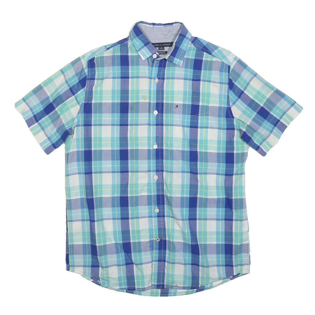 TOMMY HILFIGER Mens Blue Check Shirt S Cotton Classic Fit Casual Summer