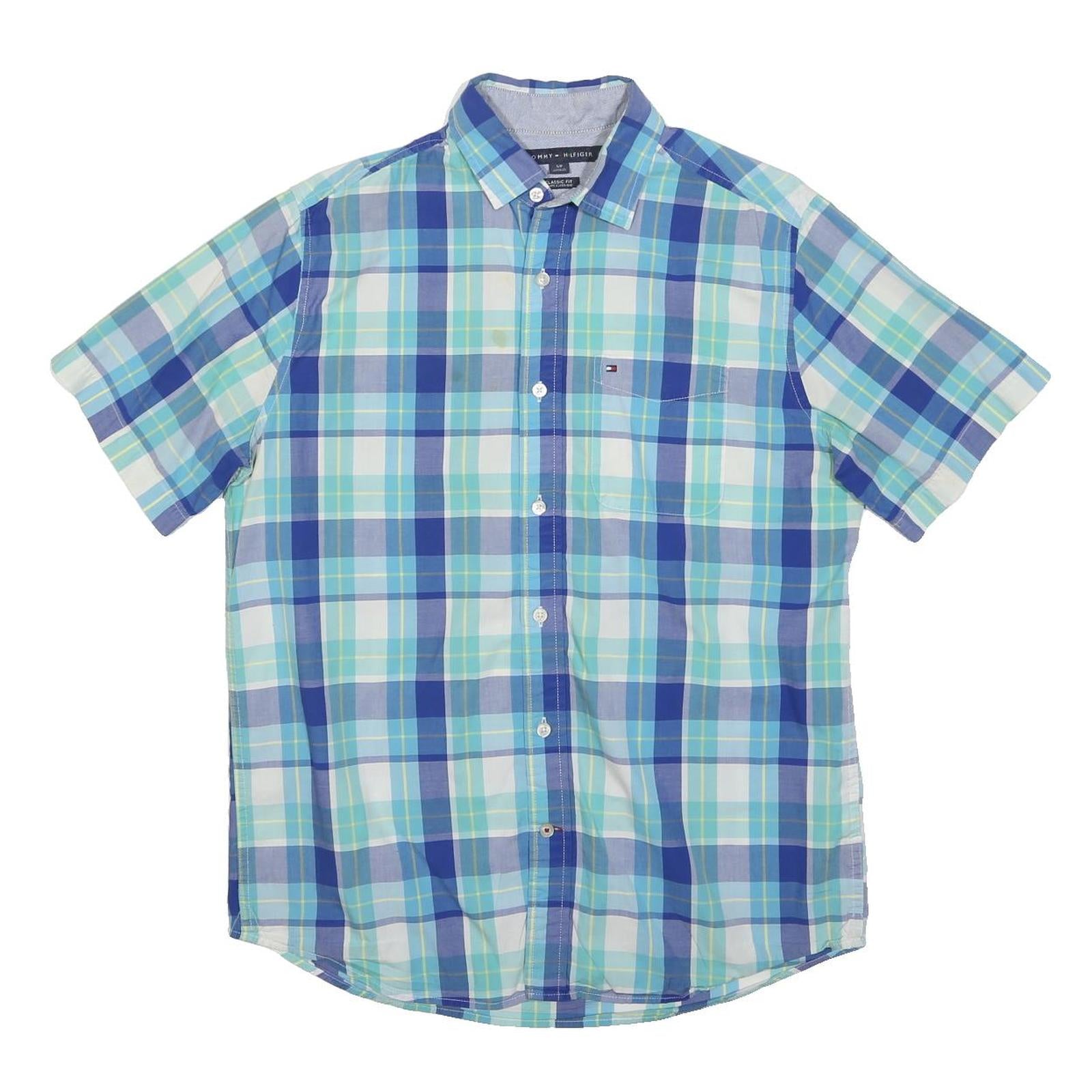 TOMMY HILFIGER Mens Blue Check Shirt S Cotton Classic Fit Casual Summer