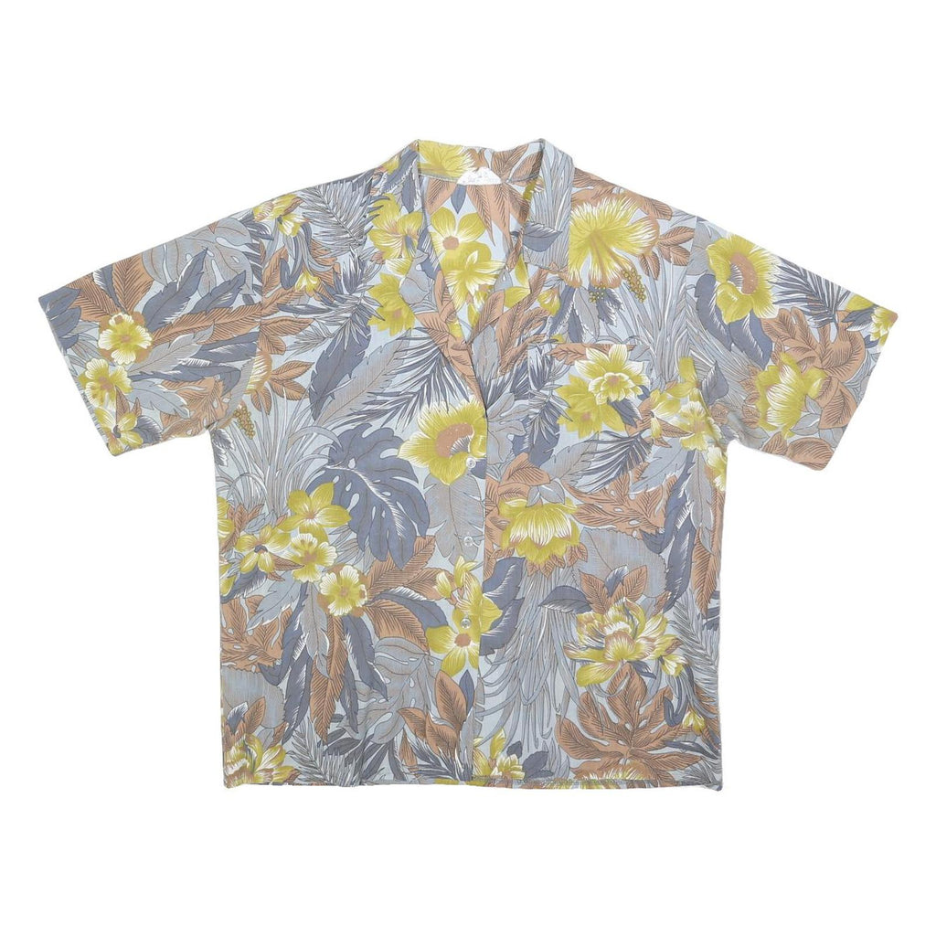 Womens Yellow Grey Cotton Blend Floral Printed Shirt Short Sleeve Collared L