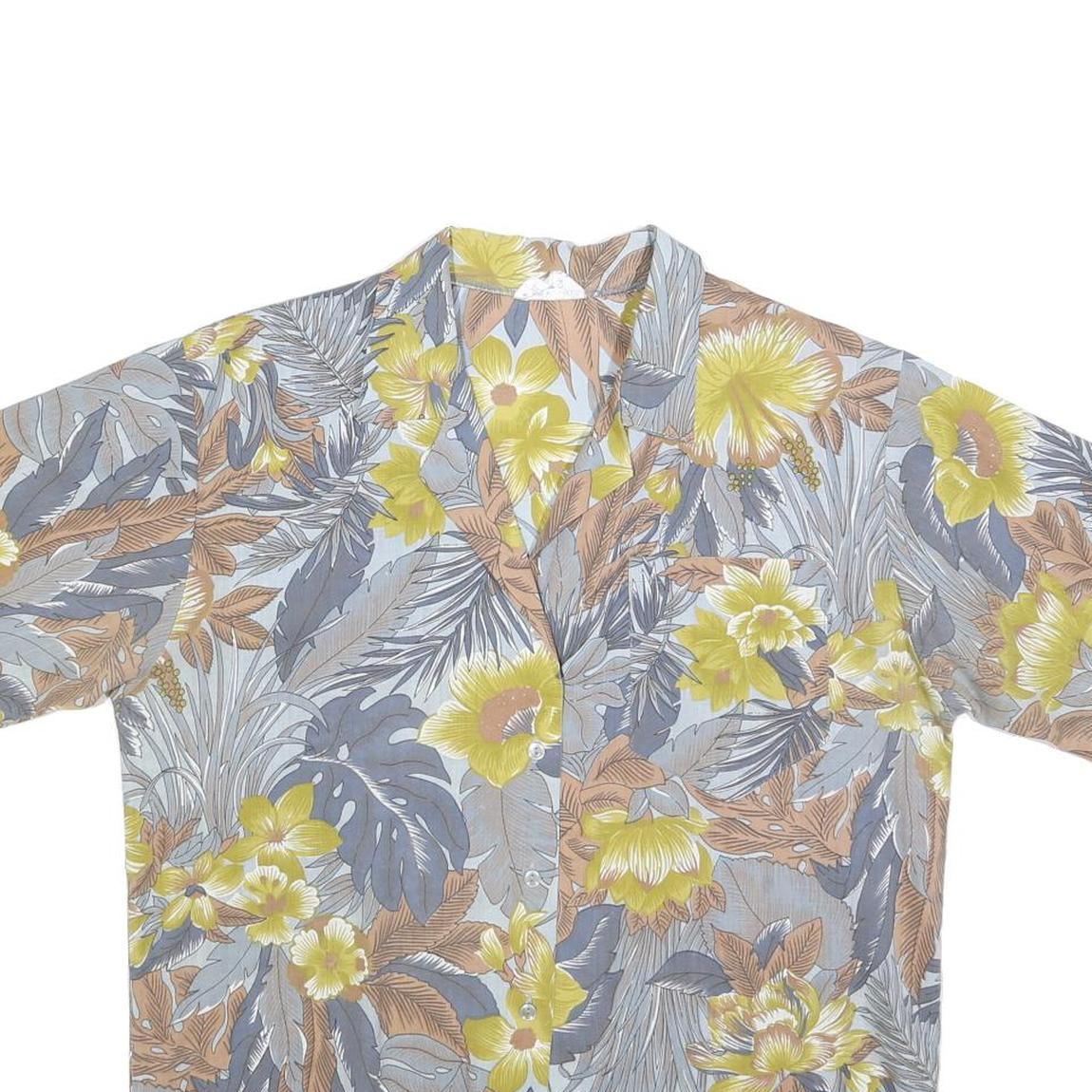 Womens Yellow Grey Cotton Blend Floral Printed Shirt Short Sleeve Collared L