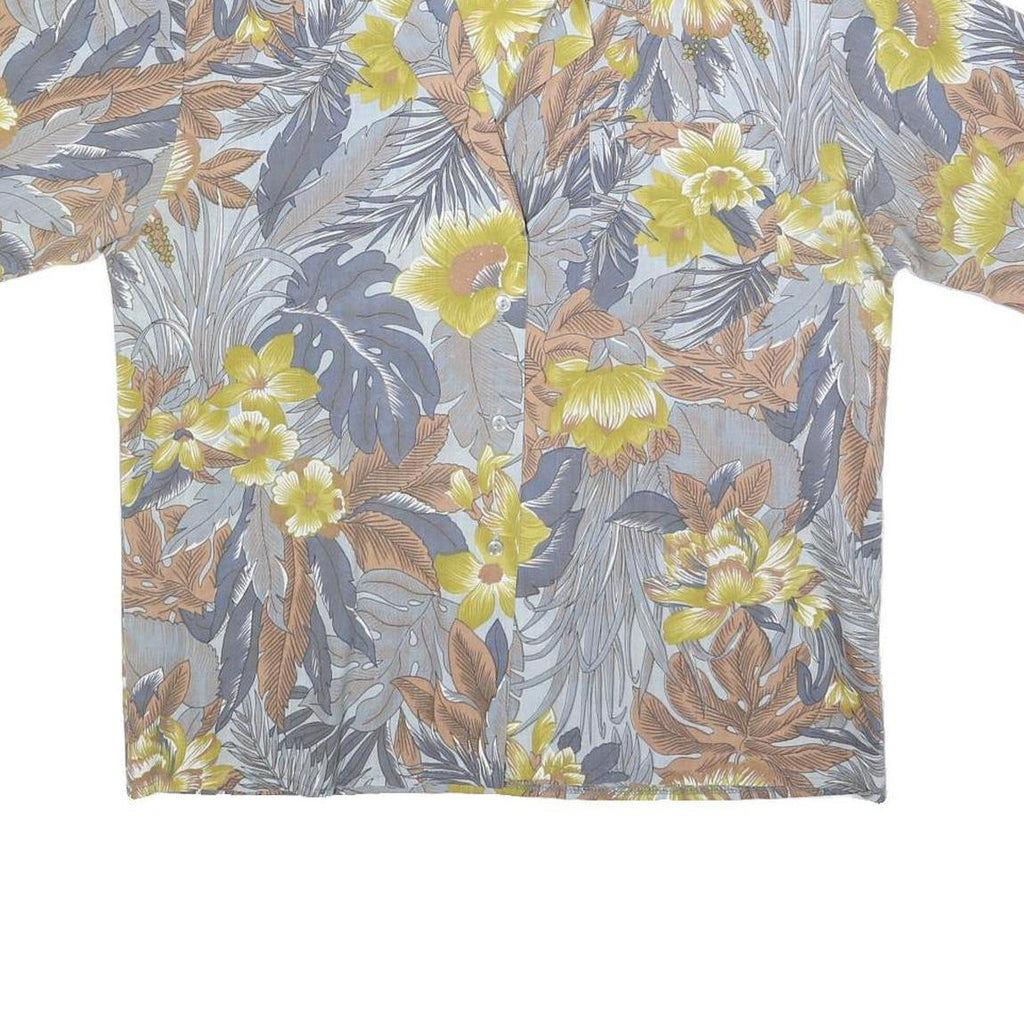 Womens Yellow Grey Cotton Blend Floral Printed Shirt Short Sleeve Collared L