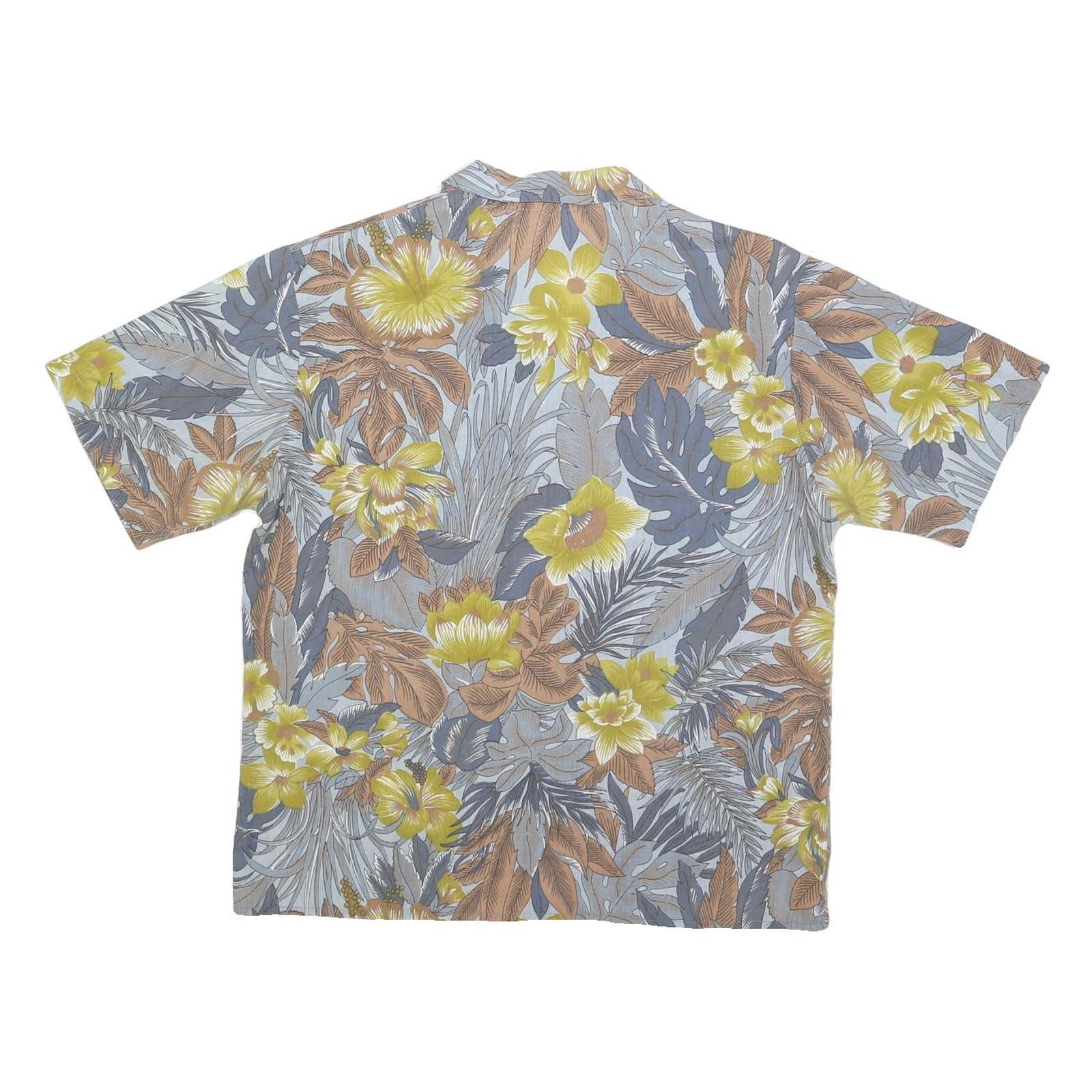Womens Yellow Grey Cotton Blend Floral Printed Shirt Short Sleeve Collared L