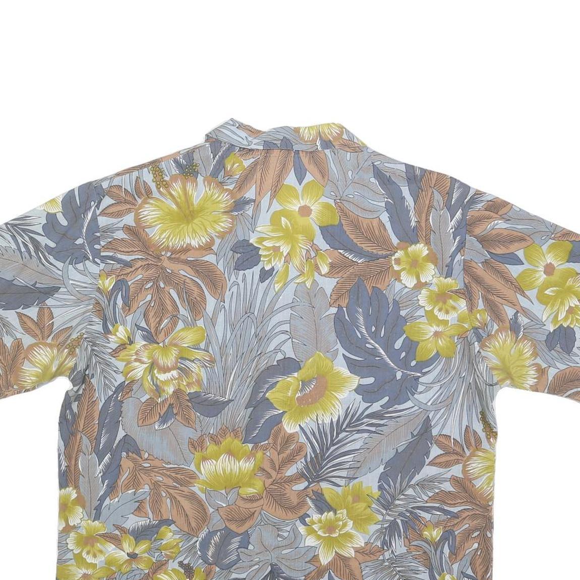 Womens Yellow Grey Cotton Blend Floral Printed Shirt Short Sleeve Collared L