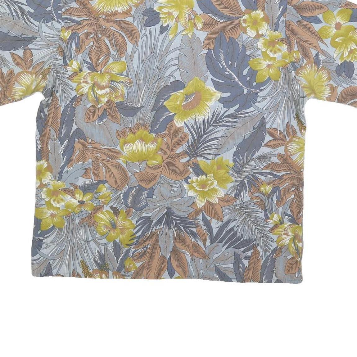 Womens Yellow Grey Cotton Blend Floral Printed Shirt Short Sleeve Collared L