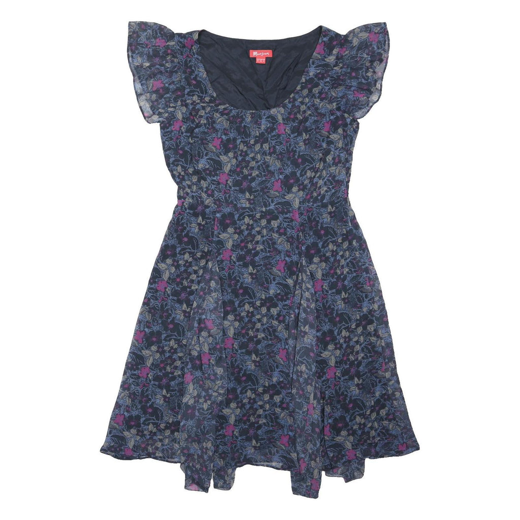 MONSOON Womens Navy Blue Floral Day Dress Cotton Blend Short Sleeve UK 12