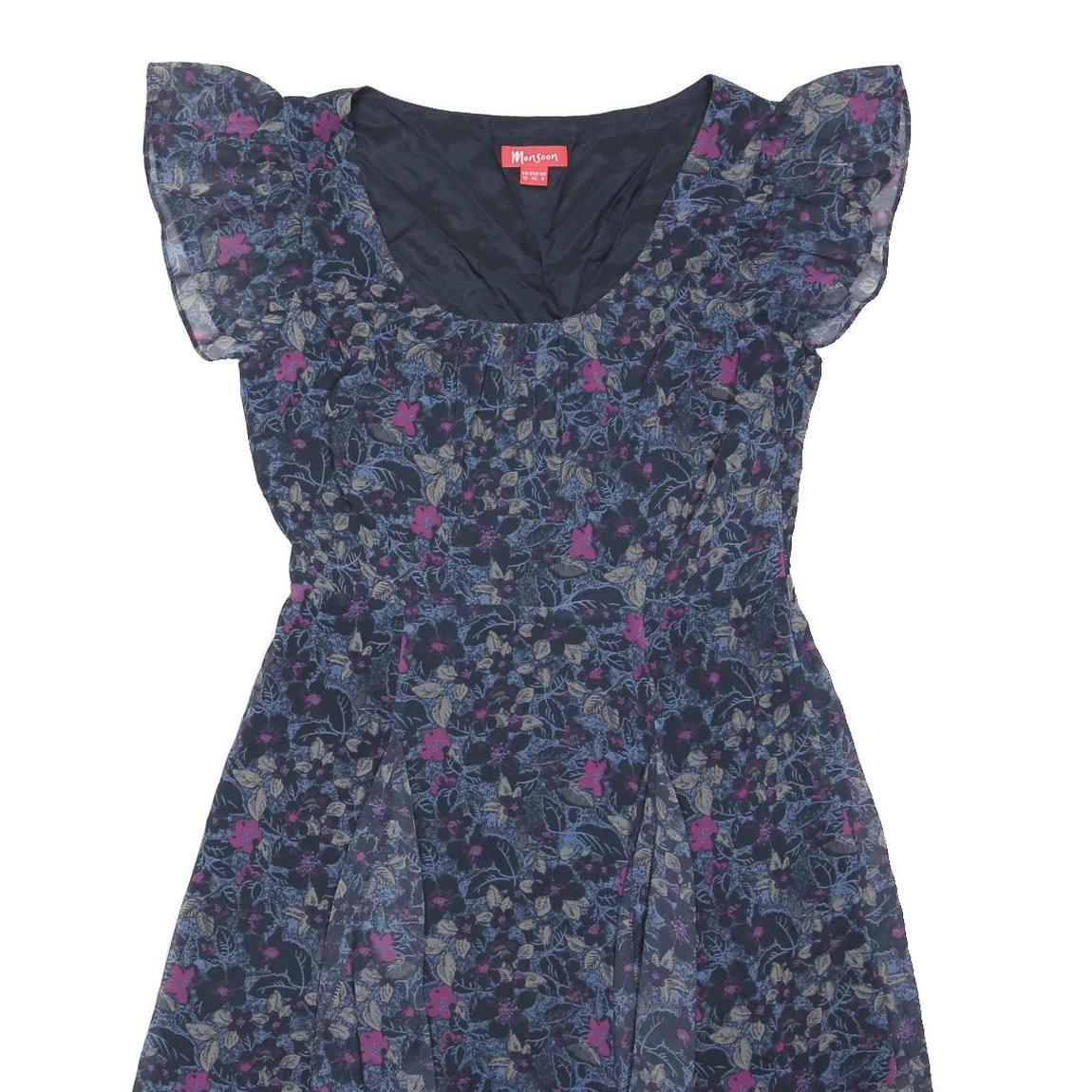 MONSOON Womens Navy Blue Floral Day Dress Cotton Blend Short Sleeve UK 12