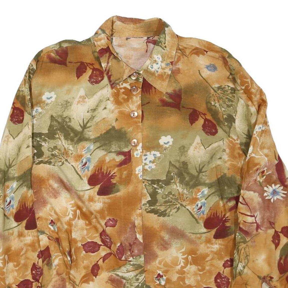 Womens Beige & Red Floral Long Sleeve Collared Shirt L Cotton Blend Autumn