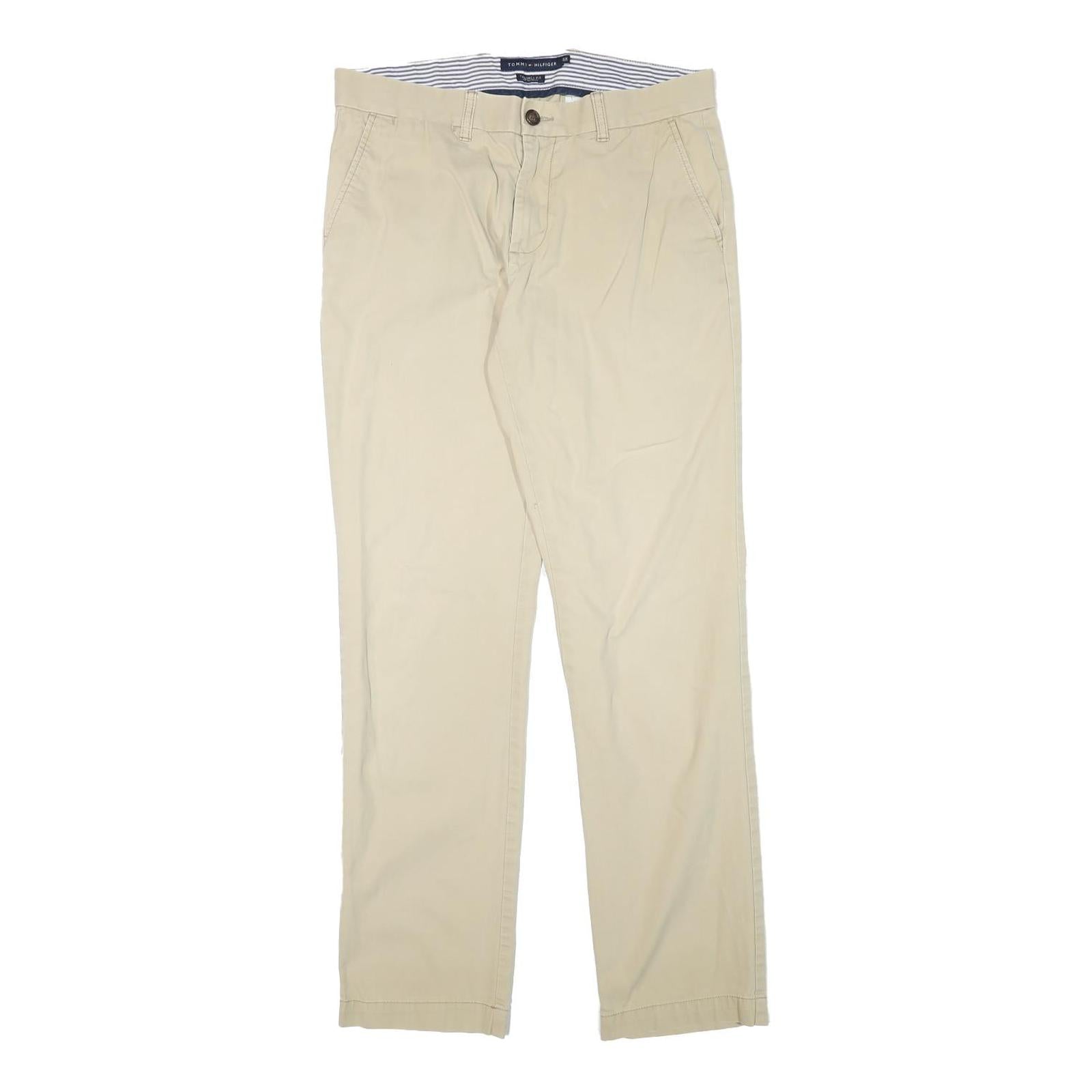 TOMMY HILFIGER Mens Cotton Blend Beige Slim Straight Trousers W32 L34 Casual