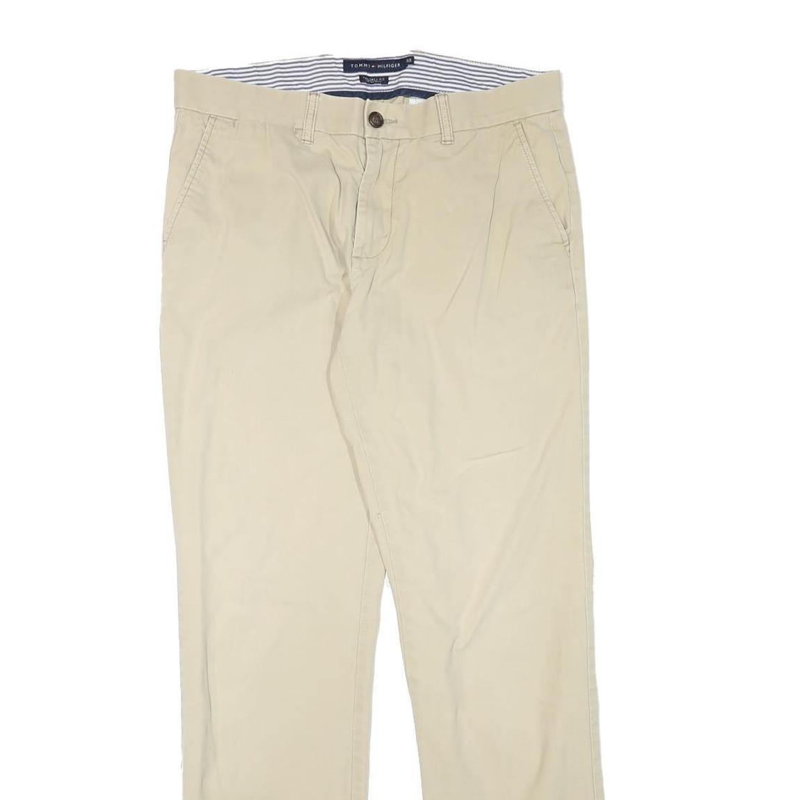 TOMMY HILFIGER Mens Cotton Blend Beige Slim Straight Trousers W32 L34 Casual