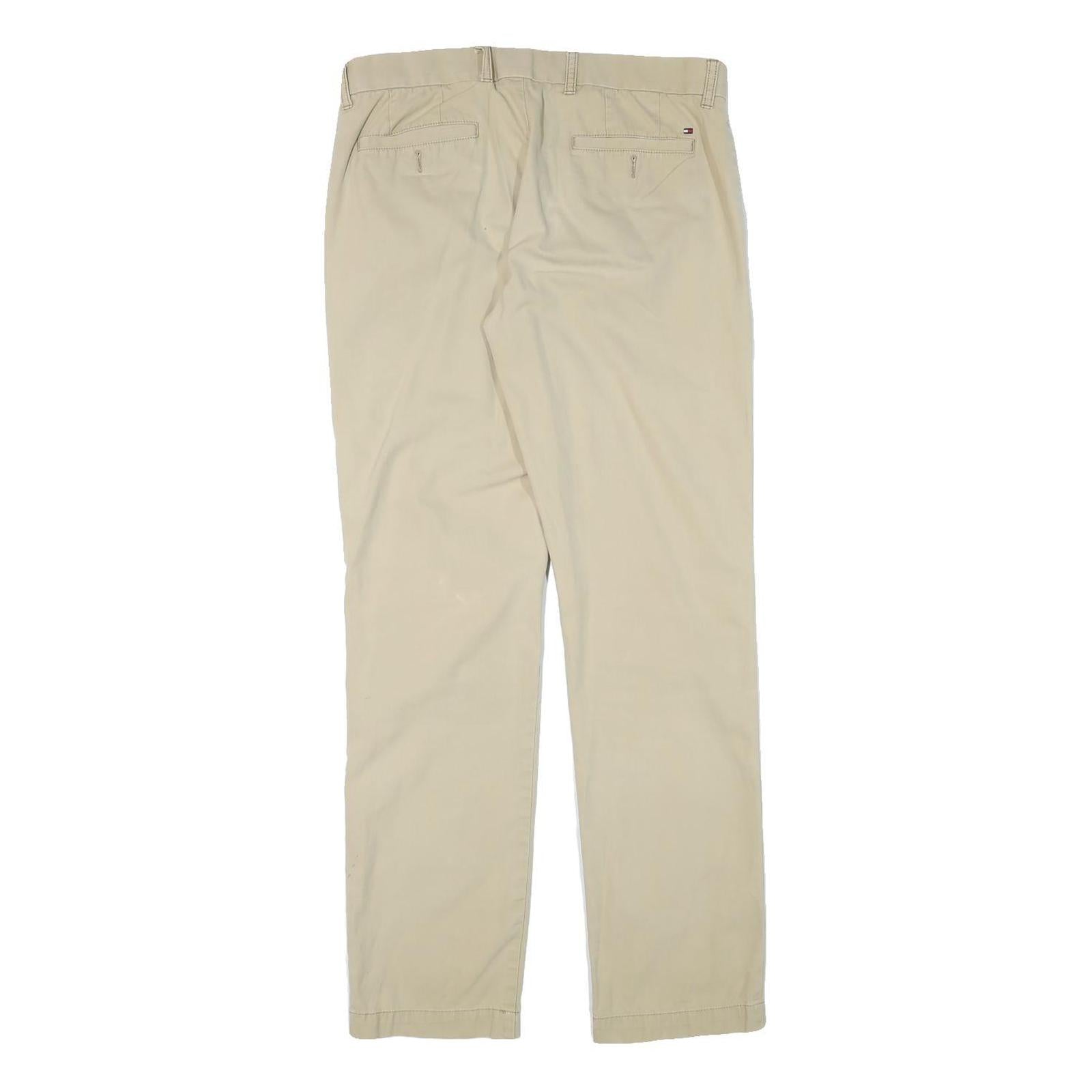 TOMMY HILFIGER Mens Cotton Blend Beige Slim Straight Trousers W32 L34 Casual