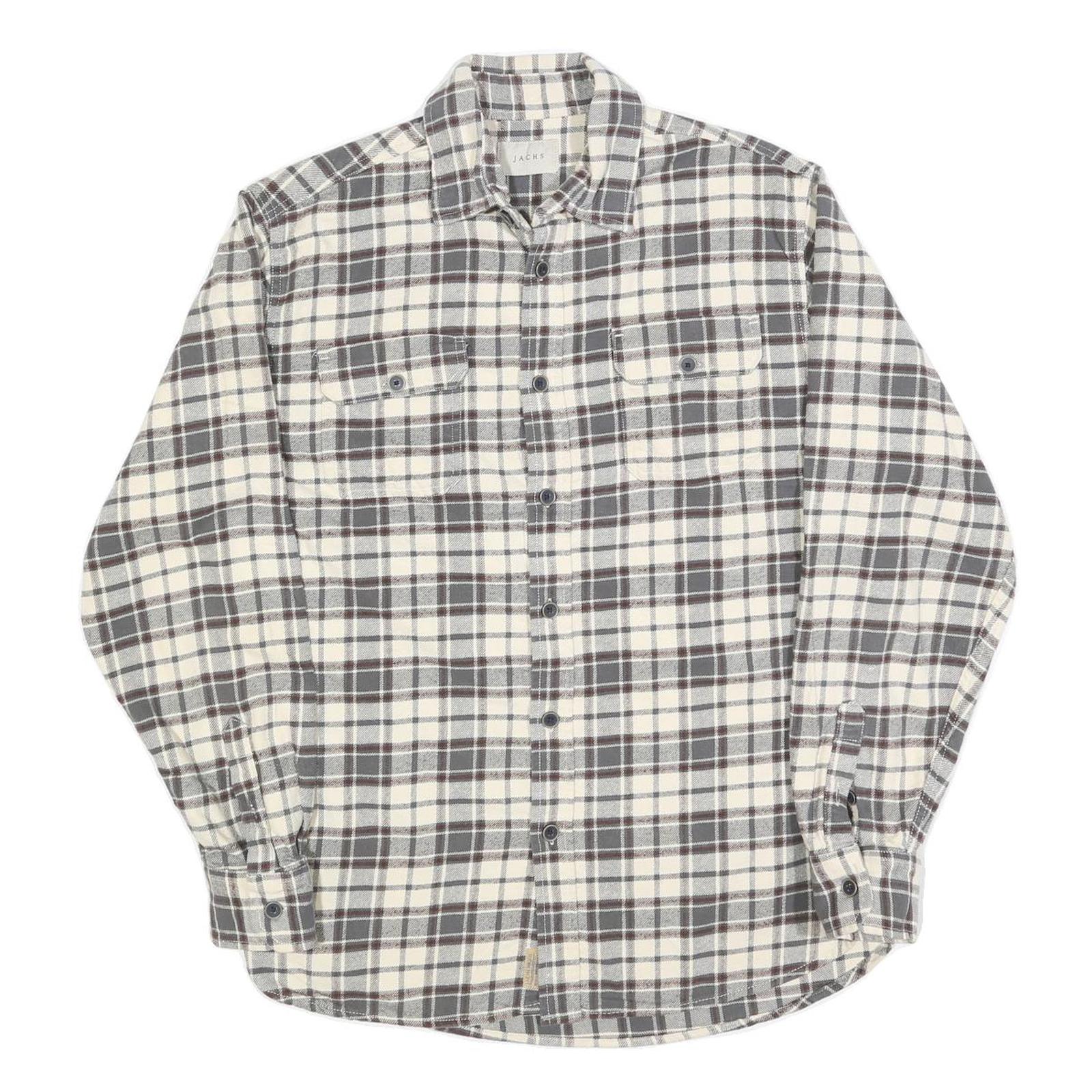 JACHS Mens Grey & White Check Shirt M Casual Cotton Blend Long Sleeve Button