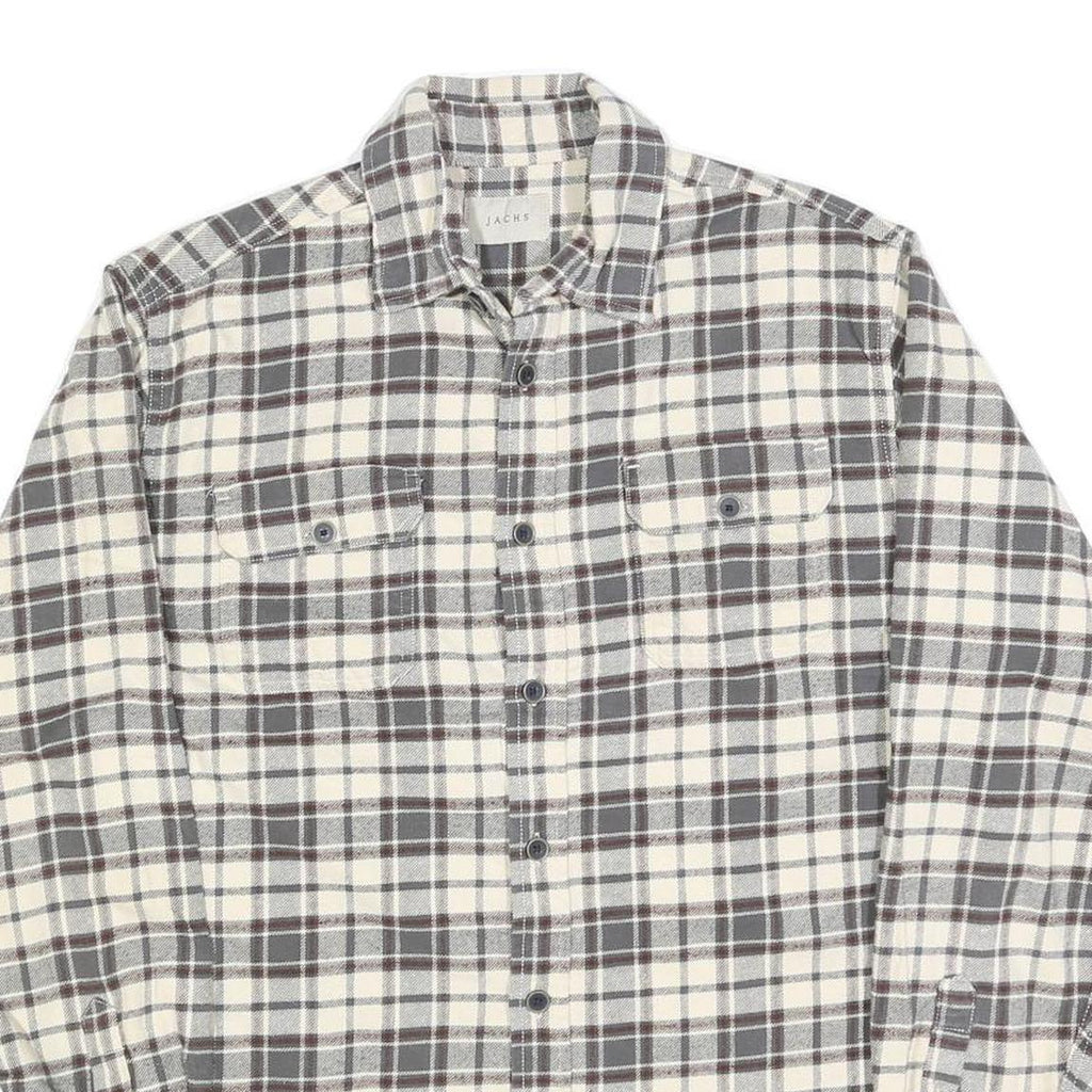 JACHS Mens Grey & White Check Shirt M Casual Cotton Blend Long Sleeve Button