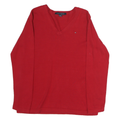 TOMMY HILFIGER Mens Red Plain Jumper V-Neck Basic Knit M Cotton Casual